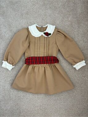 Vintage Chocolate Soup tan fall dress with Peter Pan collar and plaid sash, 4T